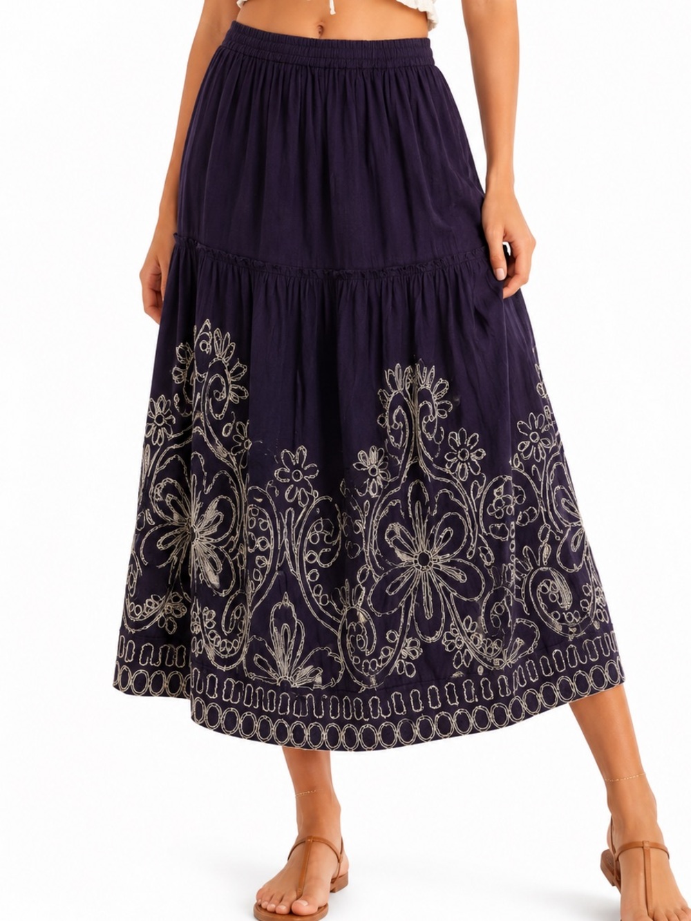 Embroidered Tiered Maxi Skirt - Purple